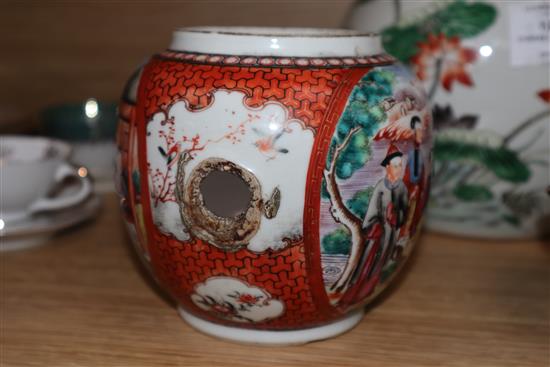 A 19th century Chinese famille verte jar, a shou medallion pot, a damaged teapot and a pedestal dish